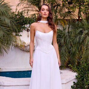 New Off White Long A-Line Wedding Gown w/ Scoop Neck & Matching Scarf CD386W